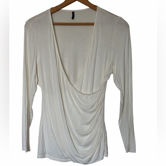 NYDJ Tops - NYDJ Surplice Ruched Top Womens Large Ivory Cream Long Sleeve V-Neck MJER3107